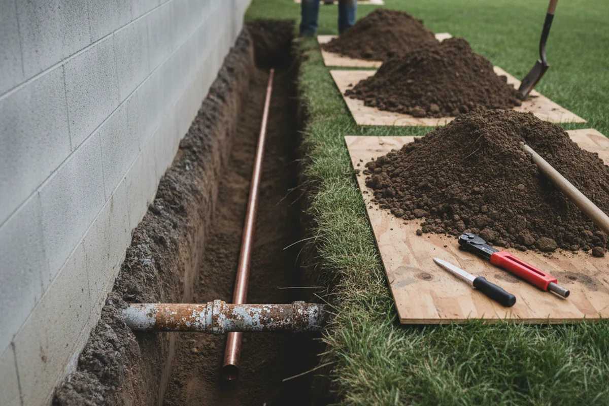 Excavated water line trench during Water Softener Installation in Economy